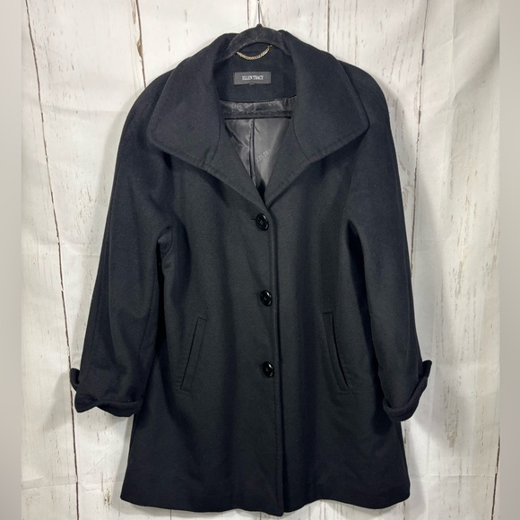 Ellen Tracy Black Wool Angora Blend Lined Coat L/XL Classic Winterwear Pockets - Picture 4 of 16